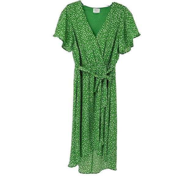 Sienna Sky Dress Faux Wrap Green Ditsy Floral Flutter Sleeve V Neck Midi Size S - Picture 1 of 12